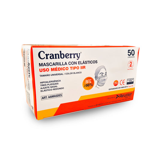 Mascarilla Médica Tipo IIR 3 Pliegues con Elástico Cranberry