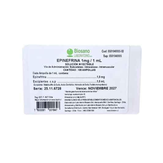 Epinefrina Inyectable 1 mg/mL Biosano