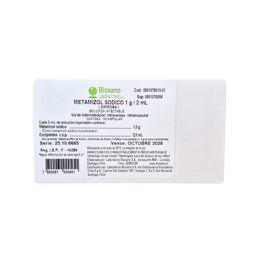 Metamizol Sódico Inyectable 1 g/2 mL Biosano