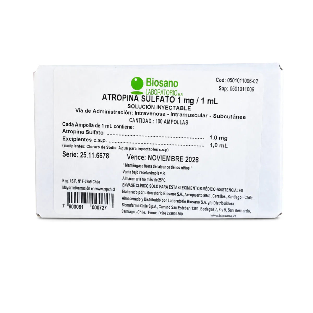 Atropina Sulfato 1 mg/1 mL Solución Inyectable (x100)