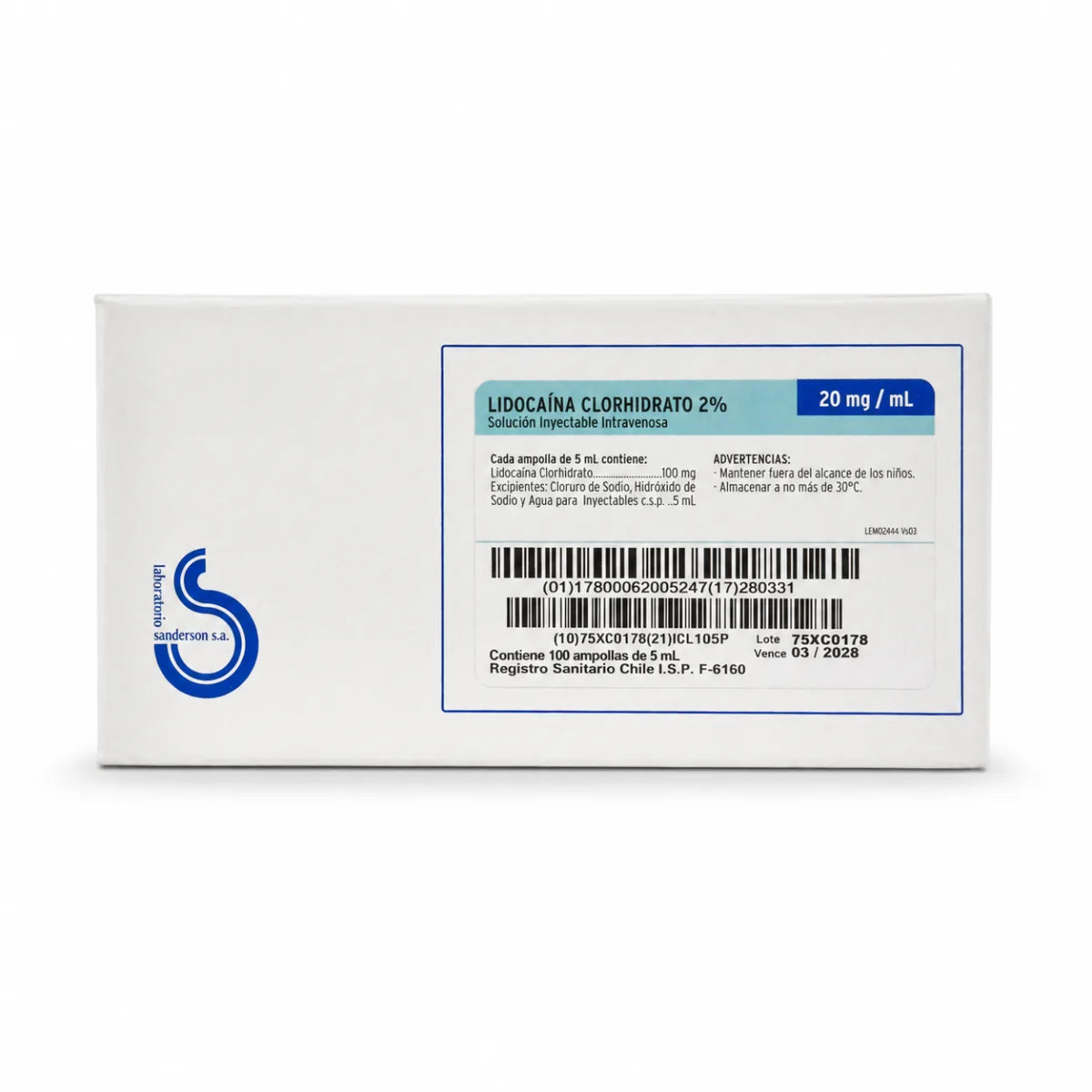 Lidocaína Clorhidrato 2% Inyectable – x100 Ampollas 5 mL