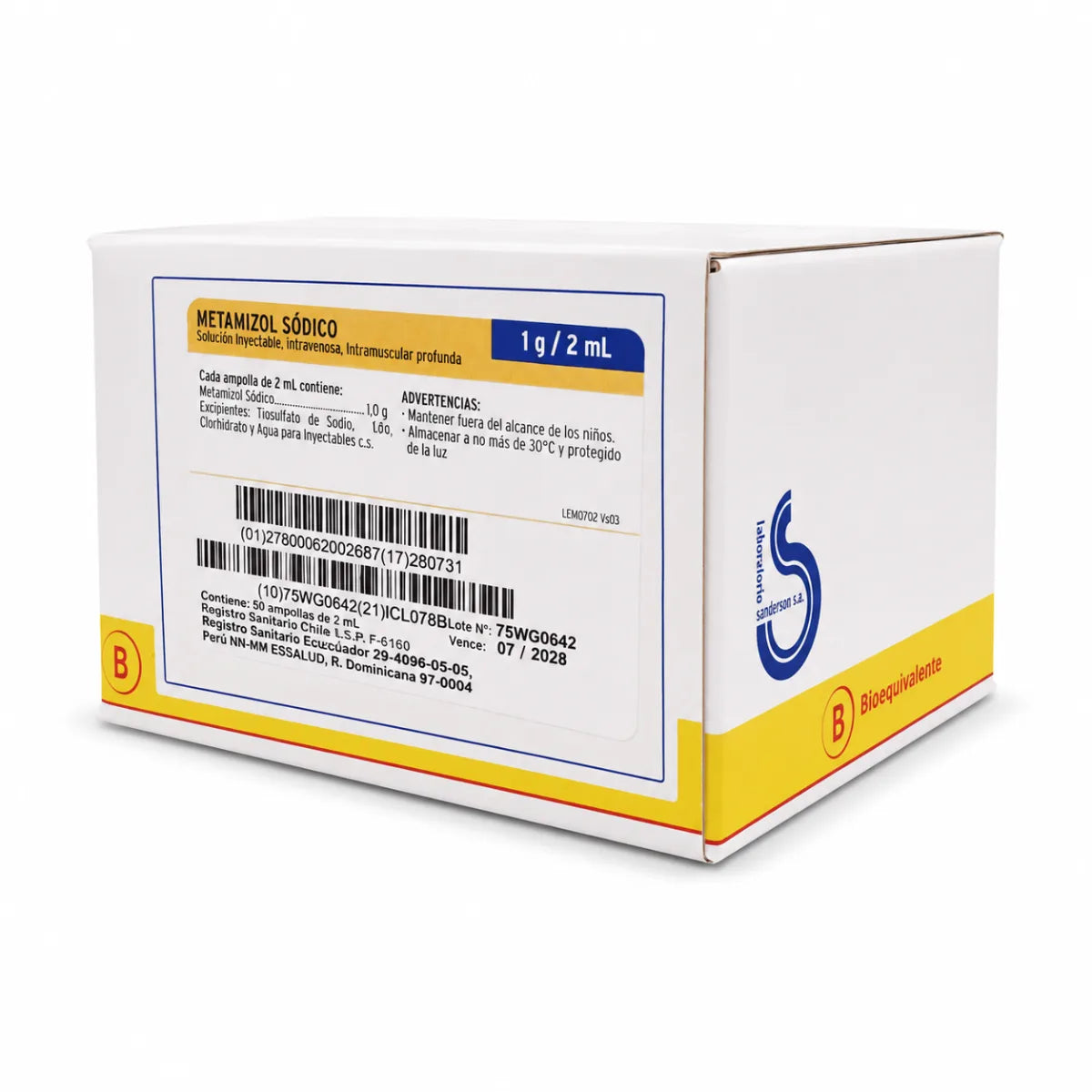 Metamizol Sódico 1 g/2 mL IV/IM – x100 Ampollas