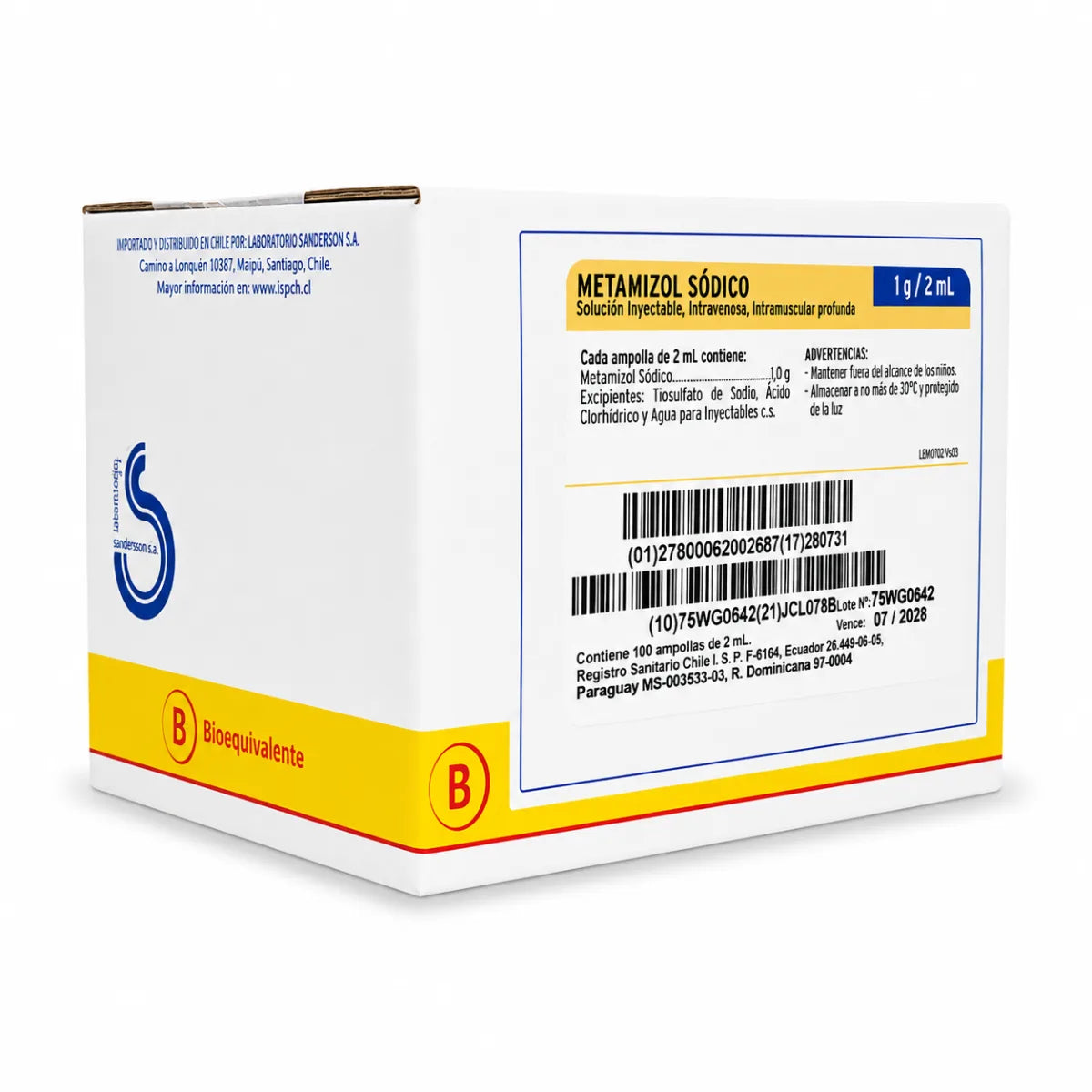 Metamizol Sódico 1 g/2 mL IV/IM – x100 Ampollas