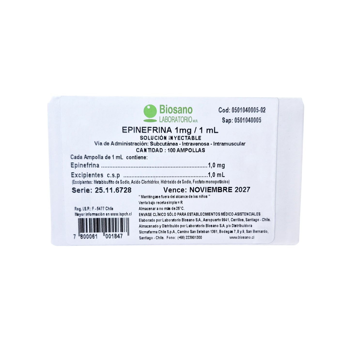 Epinefrina Inyectable 1 mg/mL Biosano