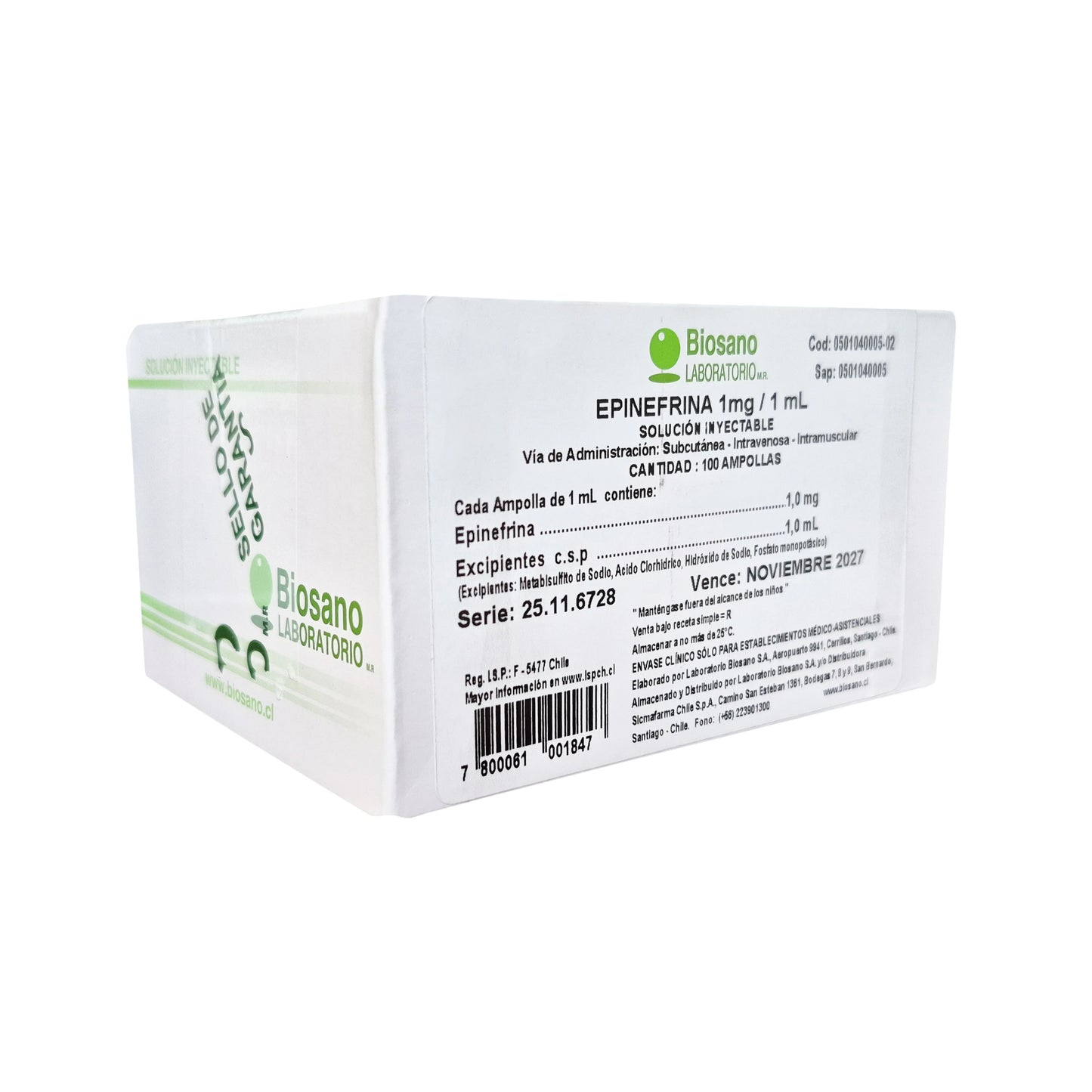 Epinefrina Inyectable 1 mg/mL Biosano