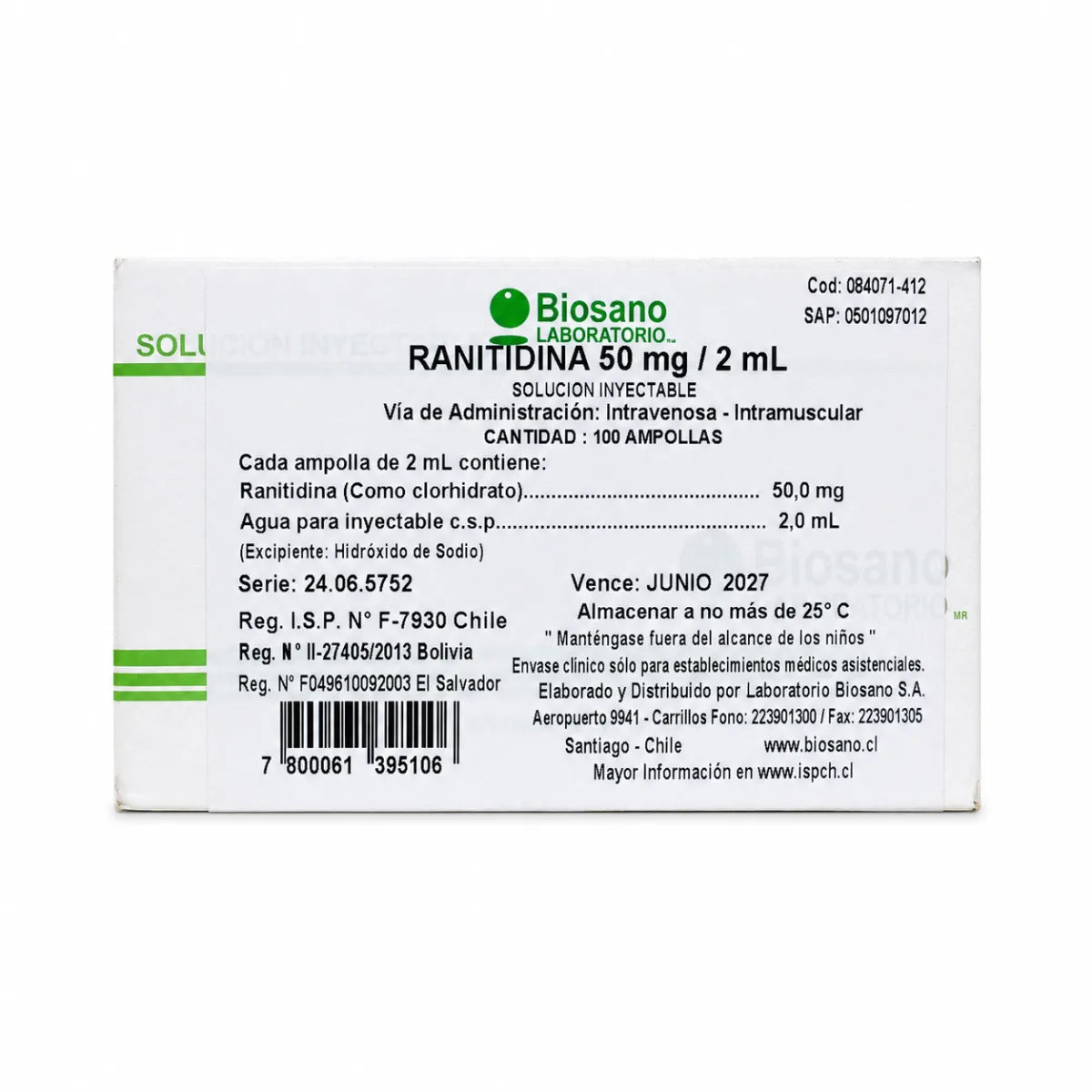 Ranitidina 50 mg/2 mL Solución Inyectable Biosano (x100)