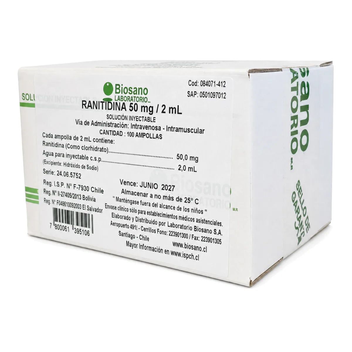 Ranitidina 50 mg/2 mL Solución Inyectable Biosano (x100)
