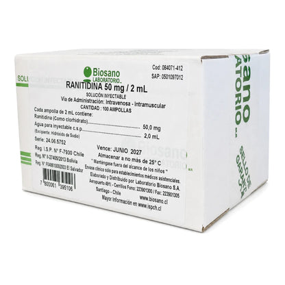 Ranitidina 50 mg/2 mL Solución Inyectable Biosano (x100)
