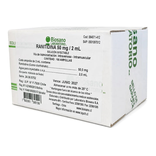 Ranitidina 50 mg/2 mL Solución Inyectable Biosano (x100)