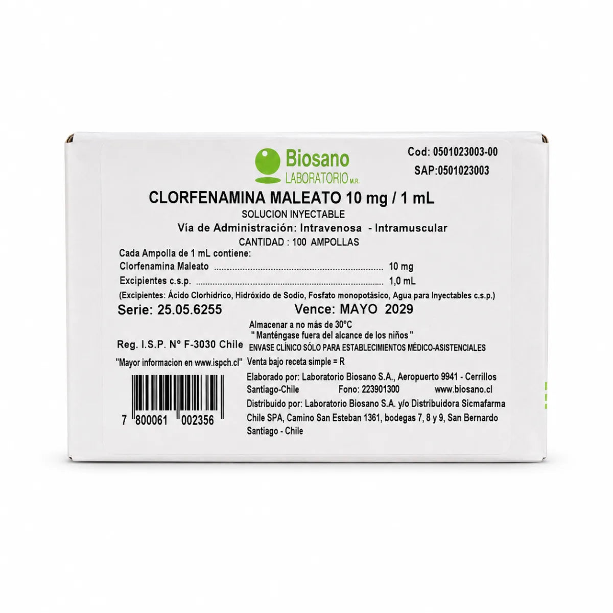 Clorfenamina Maleato 10 mg/mL IV/IM Biosano – x100 Ampollas