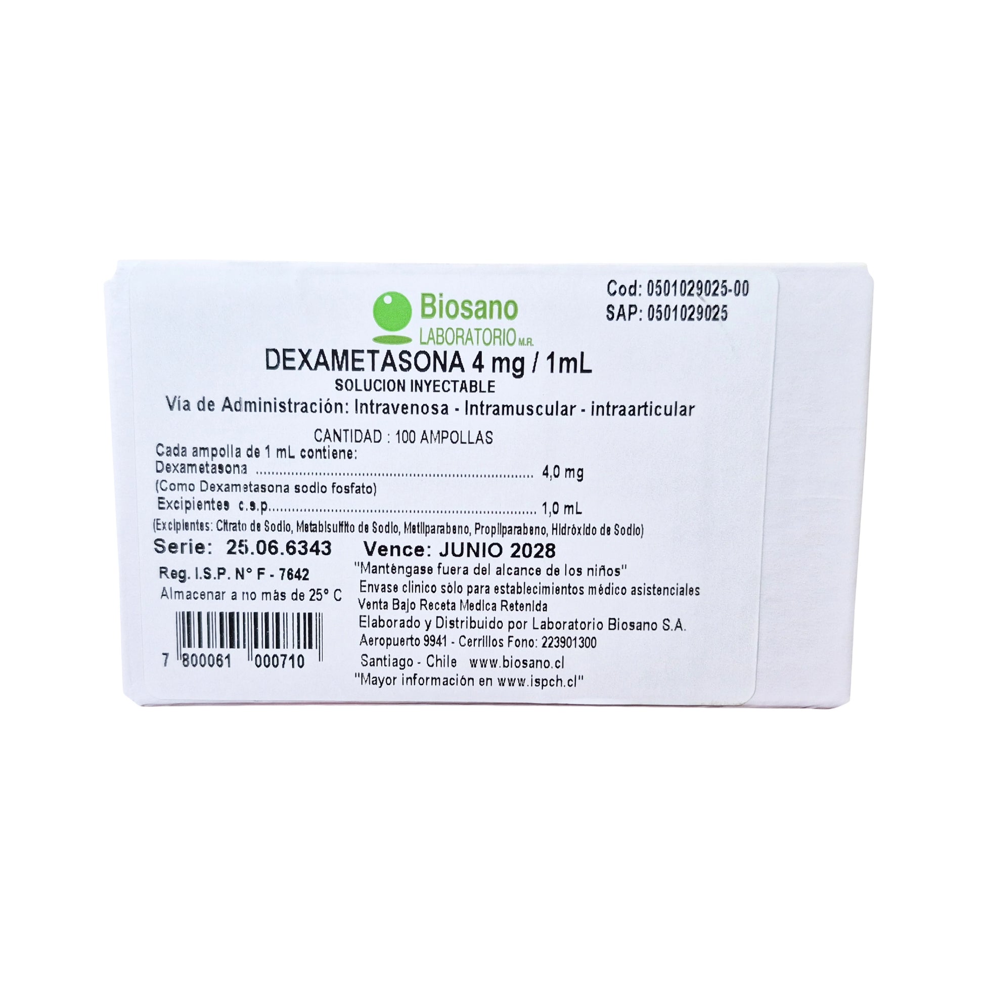 Dexametasona Inyectable 4mg/mL Biosano x100