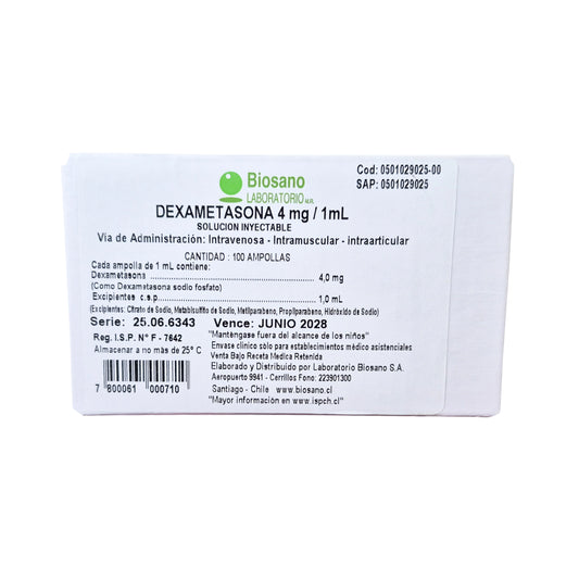 Dexametasona Inyectable 4mg/mL Biosano Caja x100