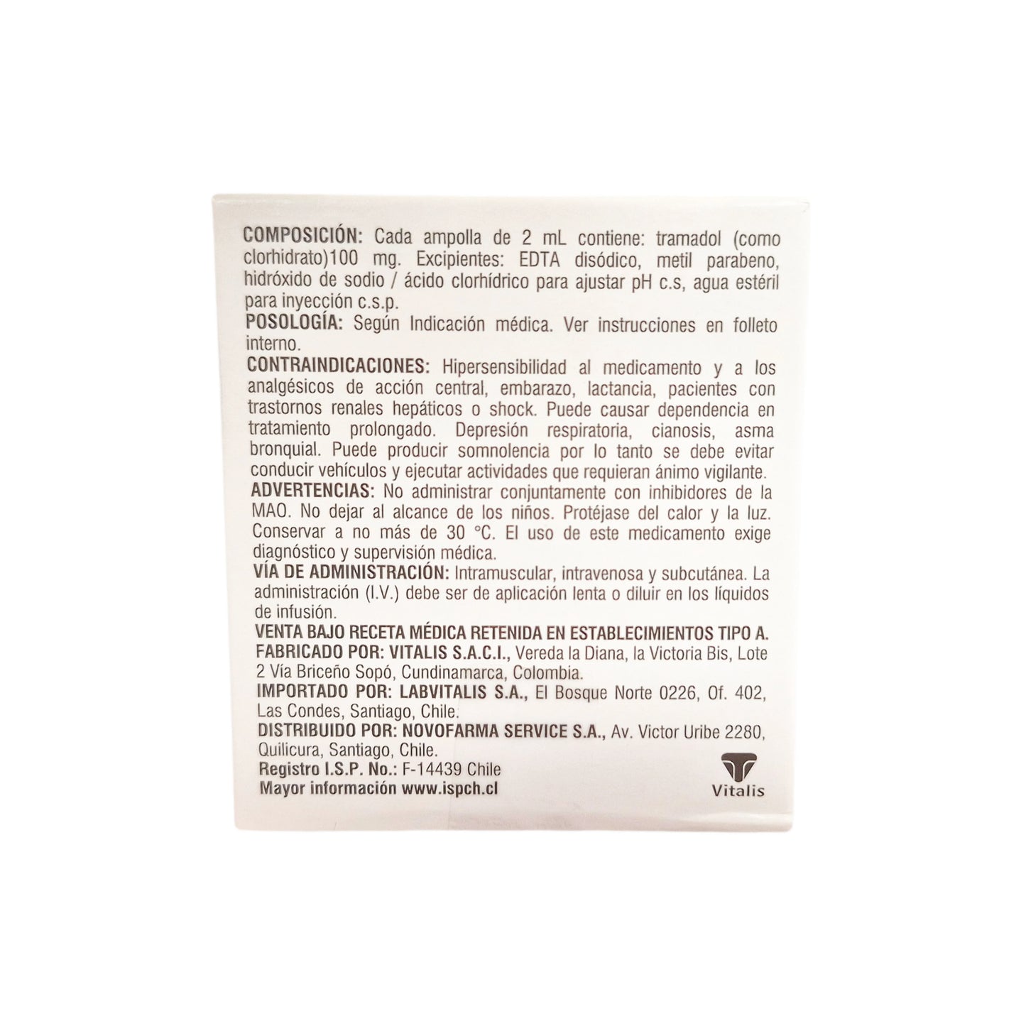 Tramadol 100mg/2mL Inyectable Vitalis