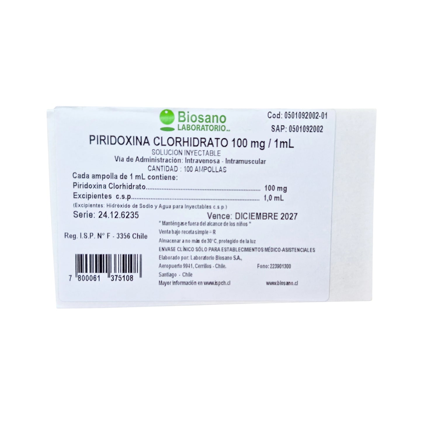 Piridoxina Inyectable 100 mg/mL Biosano