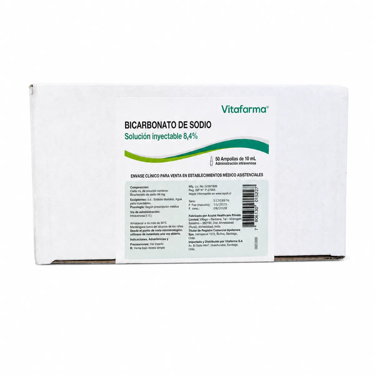 Bicarbonato de Sodio 8,4% 10 mL Solución Inyectable Vitafarma (x50)