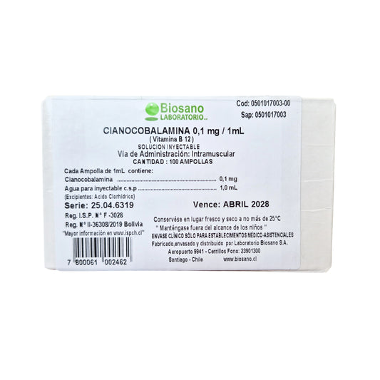 Cianocobalamina Inyectable 0.1mg/mL Biosano