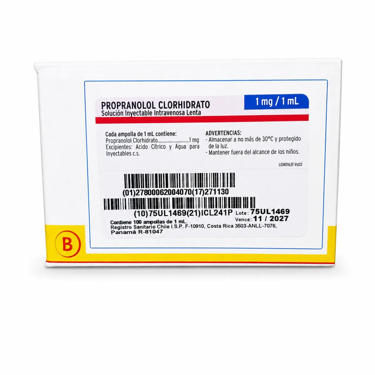 Propranolol Clorhidrato 1 mg/1 mL Solución Inyectable Sanderson (x100)