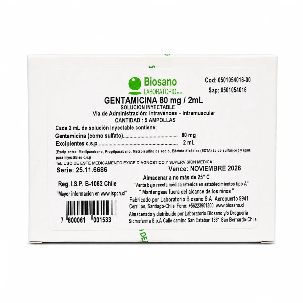 Gentamicina 80 mg/2 mL Solución Inyectable Biosano (x5)