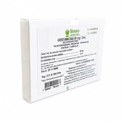 Gentamicina 80 mg/2 mL Solución Inyectable Biosano (x5)