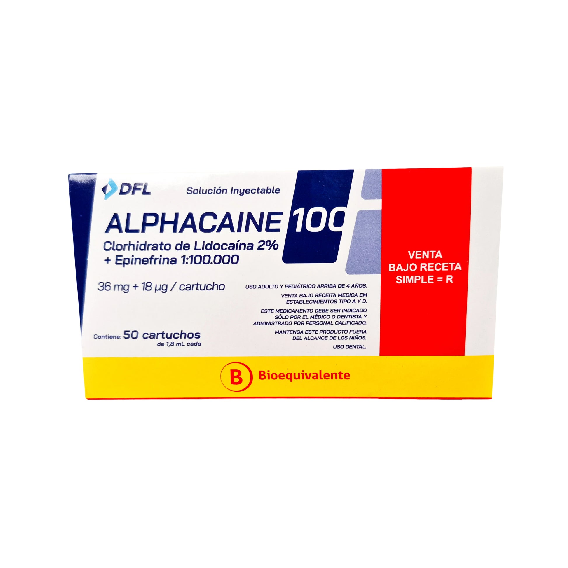 Anestesia Dental Alphacaine Lidocaína 2% con Epinefrina